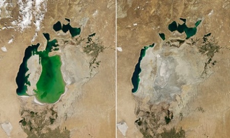 Aral Sea in 2000 and in 2014